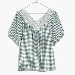 Madewell • Embroidered Linen-Blend Swing Top in Gingham Check • Medium